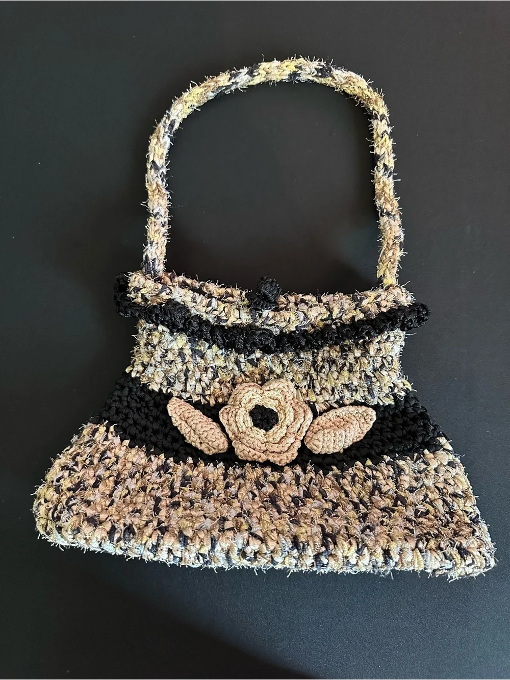 Handmade Beige and Black Crocheted Flower Shoulder Bag